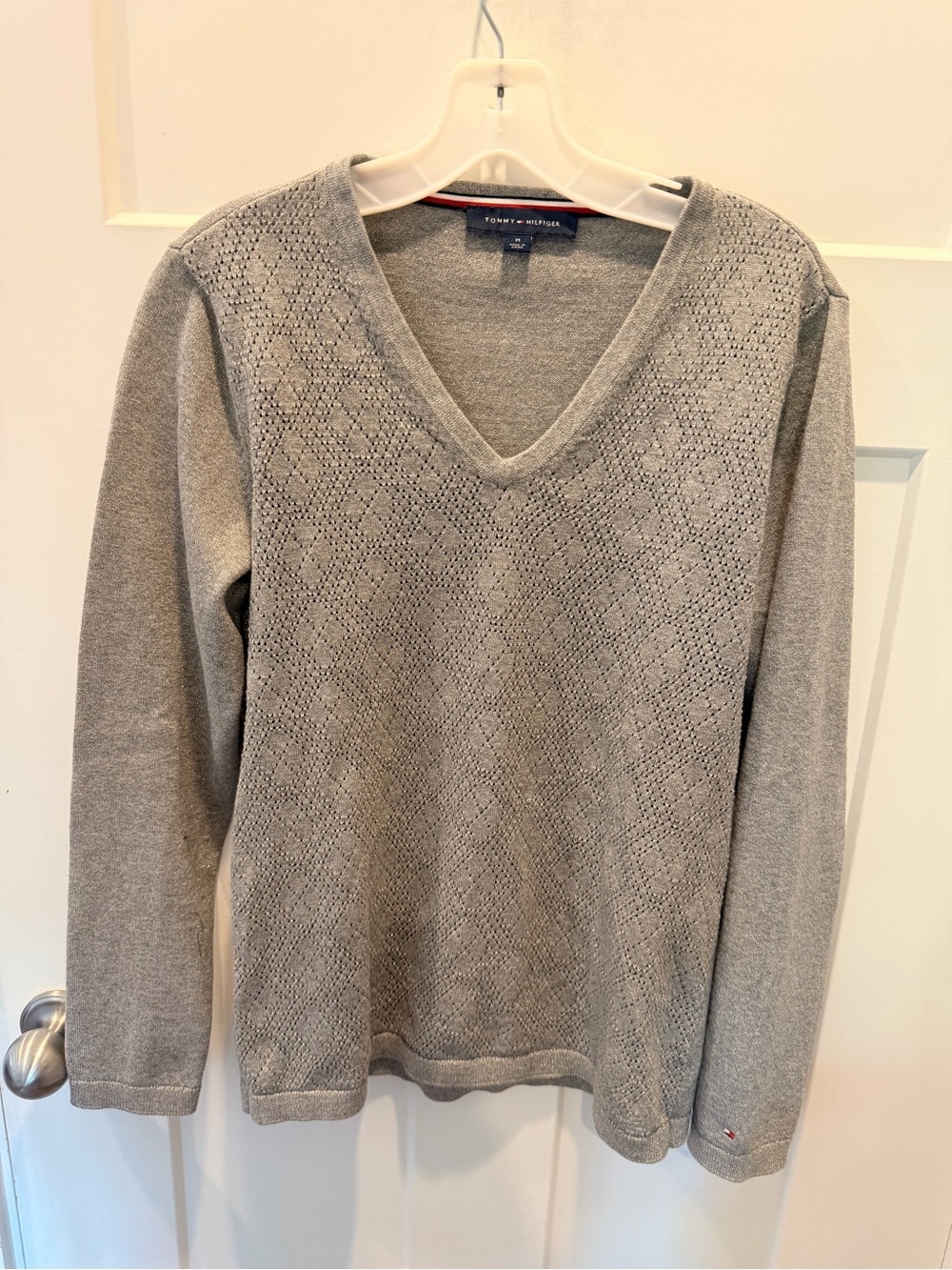 Tommy Hilfiger Gray Metallic Pointelle Knit V Neck Sweater Medium